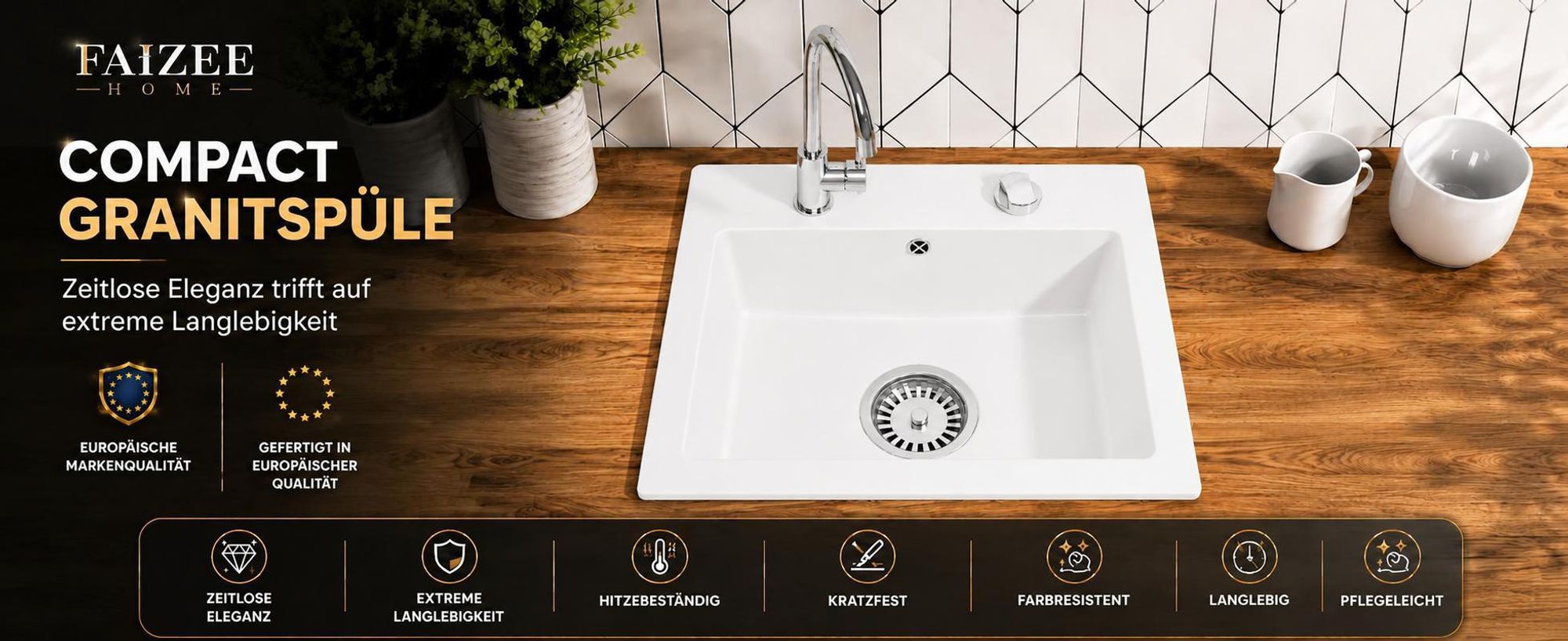 Faizee Home | Compact Granitspüle Weiß 41 x 44 cm – Einbauspüle aus Granit für moderne Küchen | 170 mm Tiefe | Spülbecken für Unterschrank