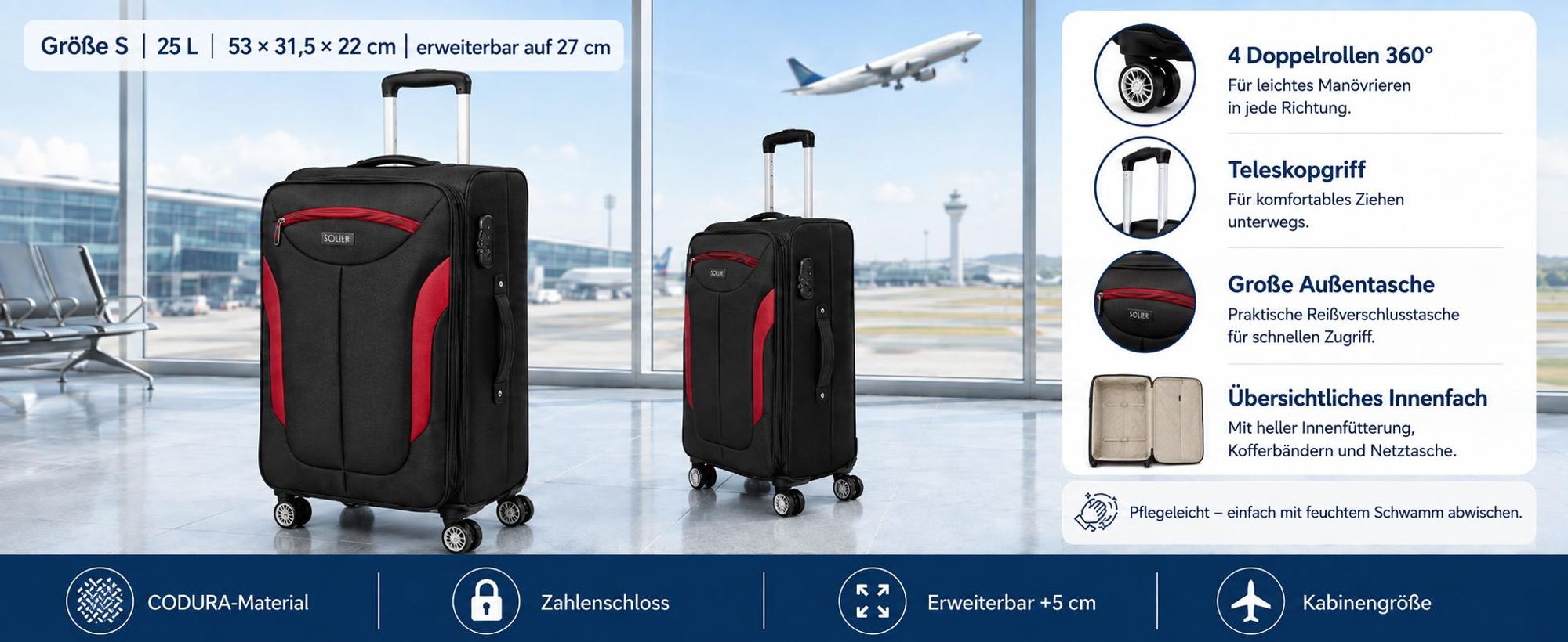Solier Handgepäck Koffer 25 L, Kabinentrolley, 4 Rollen, erweiterbar