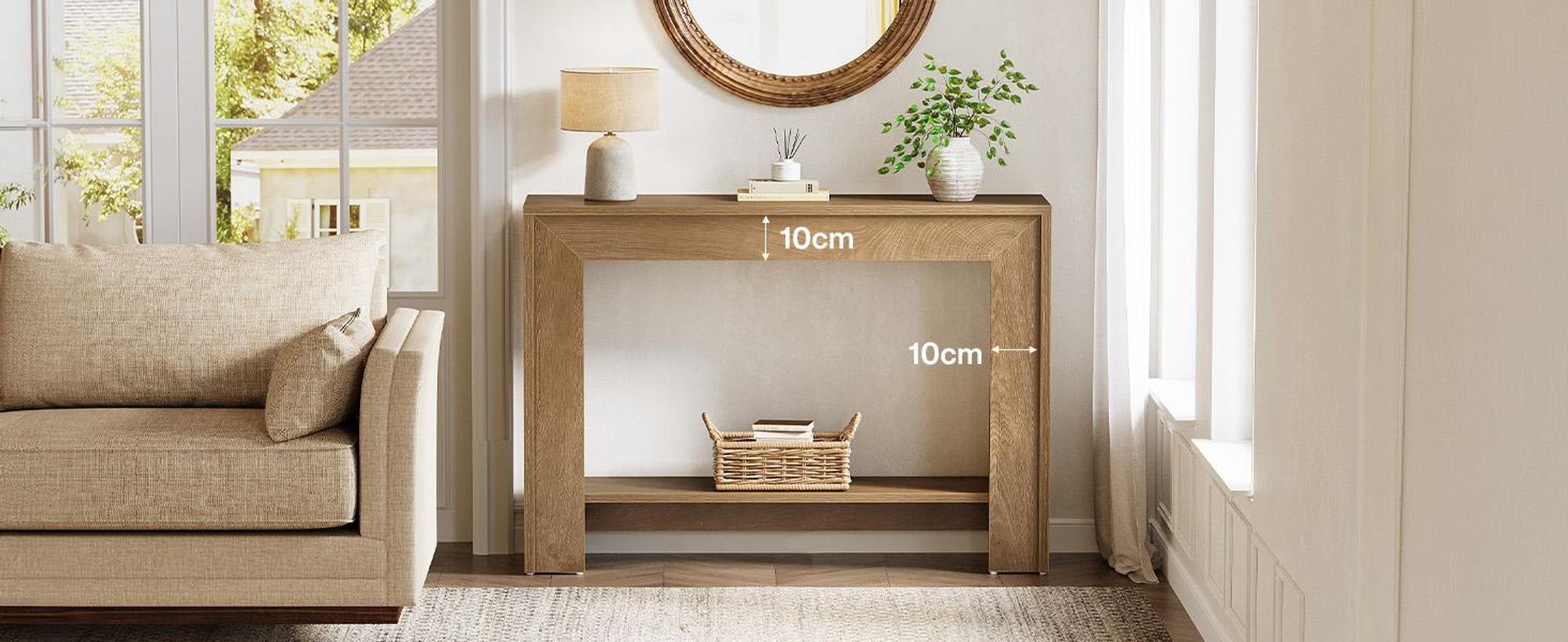 105 cm breed, landelijke console tafel, smalle gang- en salontafel met een tweelaags, open opbergruimte, geschikt voor woonkamer en hal