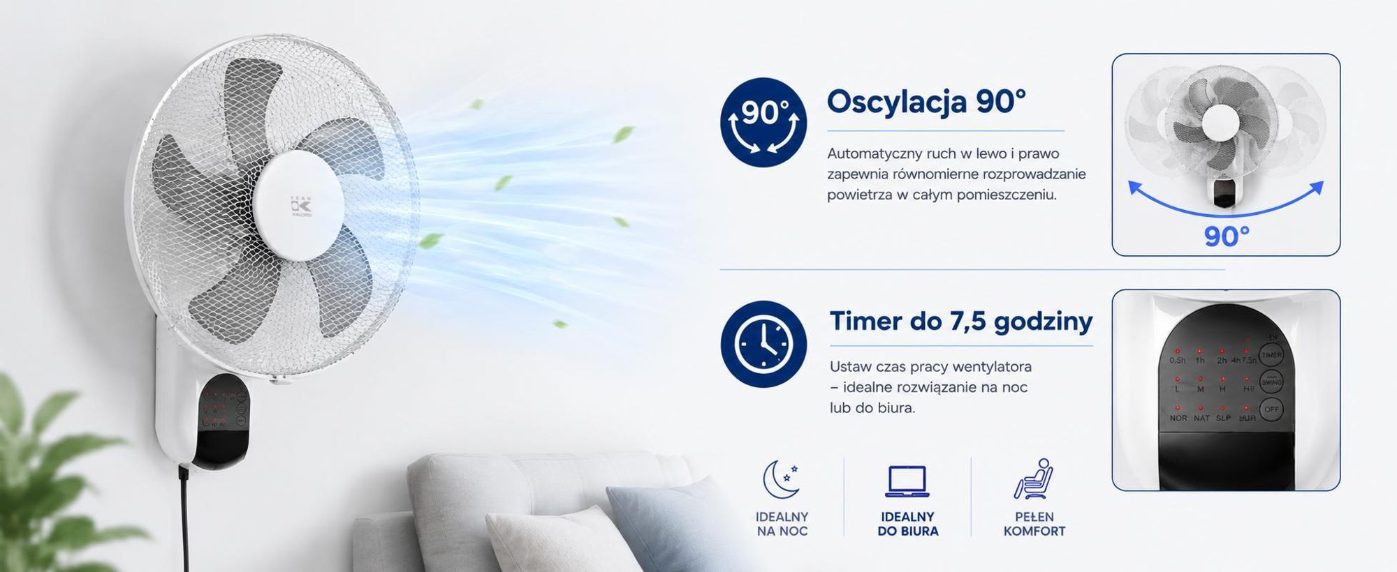 Wentylator Ścienny Z Zdalnym Sterowaniem Biały 45W Czasomierz Oscylacji