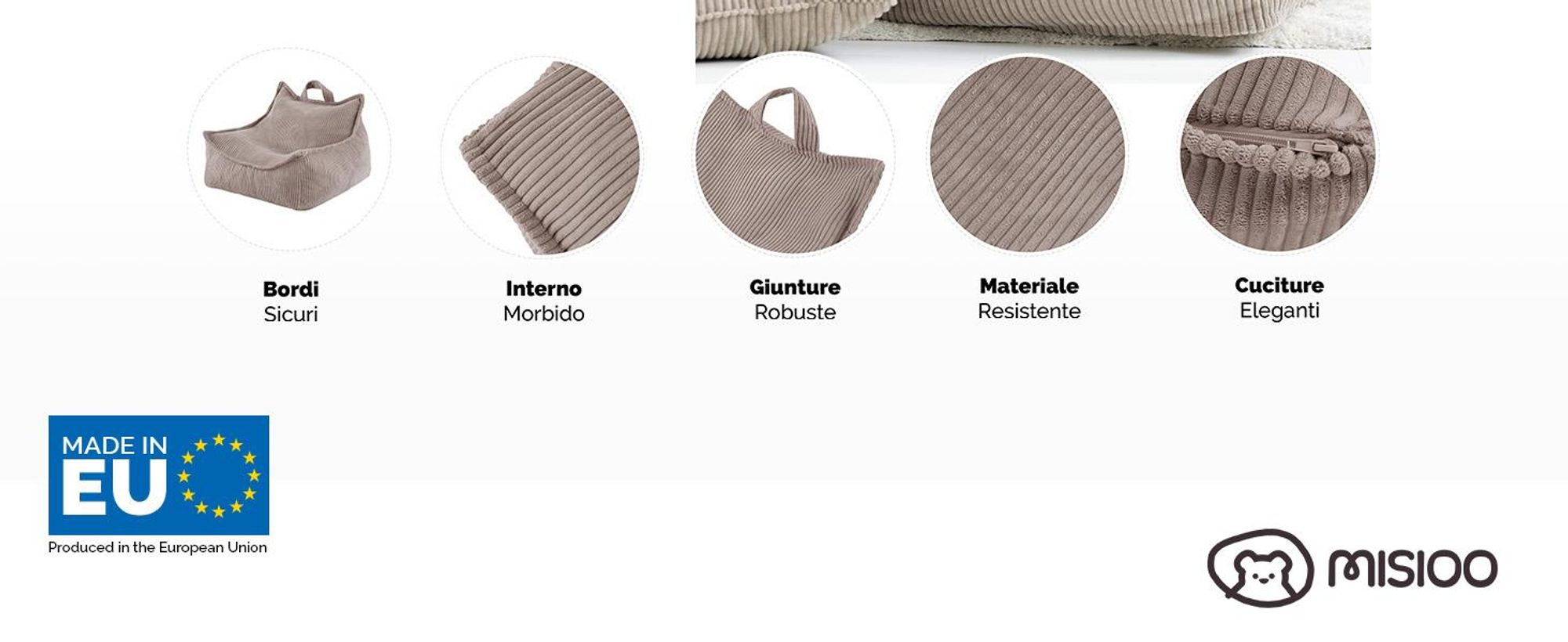 MISIOO Beanbag Kids - Grande beanbag - Grande borsa per bambini - Materiale a coste - 77x67x50 cm - Tessuto lavabile - Maniglia per un facile trasporto - Beige