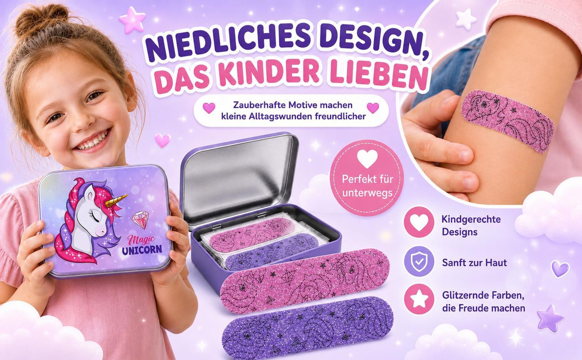 Unicorn Magic Kinderpflaster Lizensiertes Produkt - Metall-Box - 24 Pflaster - Schönes Design Pflaster Aufbewahrungsbox für Kinder - 1 Box
