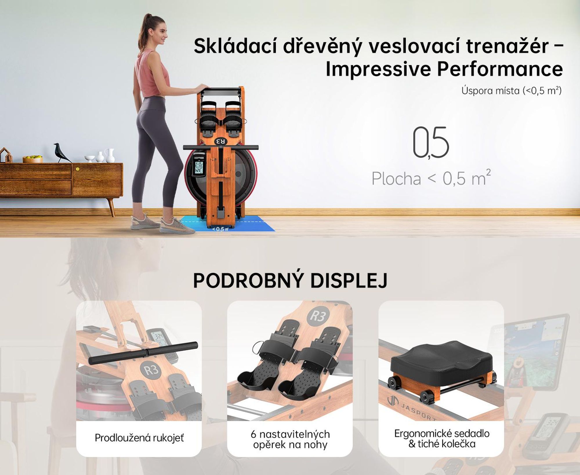 Skládací veslařský trenažér JASPORT R3 s LCD displejem podporujícím Bluetooth, kompatibilní s Kinomap, 28litrovou nádrží na vodu, nosnost až 150 kg – barva třešňového dřeva