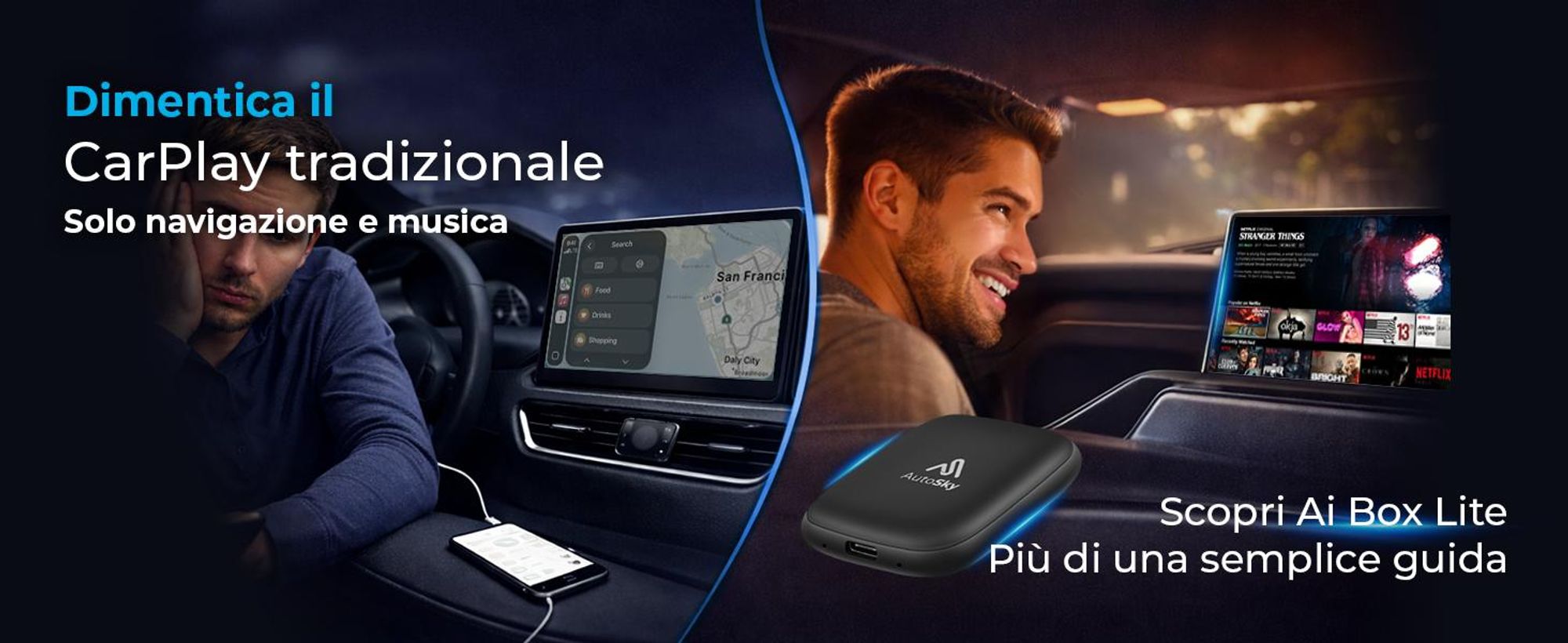 AutoSky Wireless CarPlay & Android Auto AI Box Lite – Wireless con Netflix e YouTube