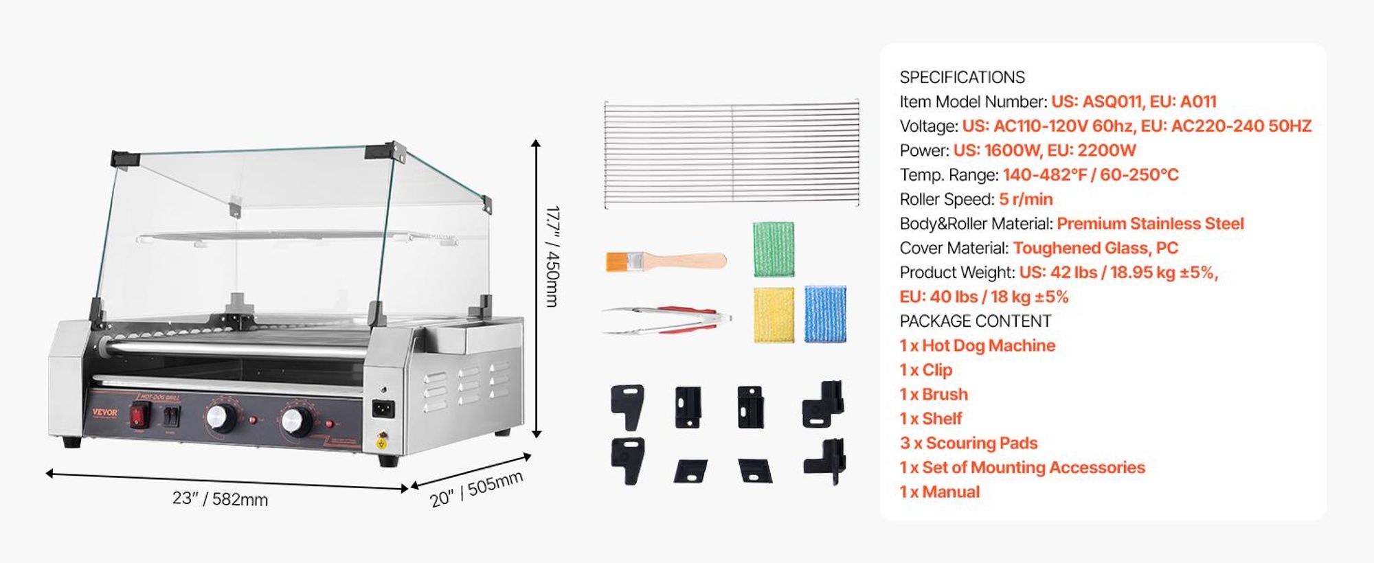VEVOR Hot Dog Grill Maschine Hot dogs 11 Rollen Edelstahl, 2200 W, Elektrogrill mit Abdeckung & 2 Temperaturregler & seitlicher Aufbewahrungsbox