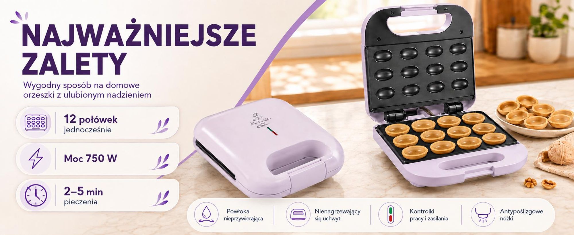 Opiekacz Do Orzeszków Foremki Ciastek 750W 12 Połówek Nieprzywierający