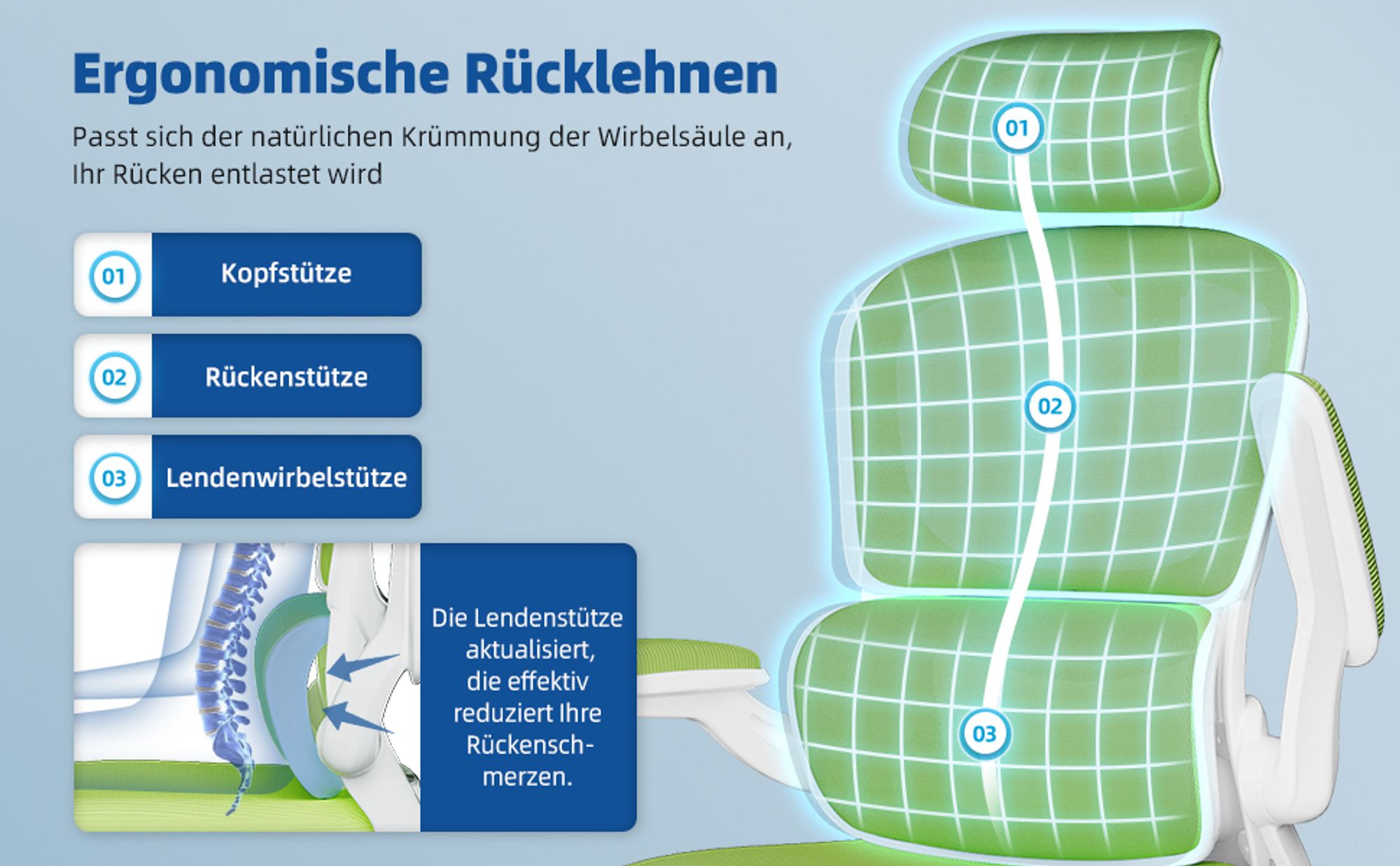Aiibot Bürostuhl Ergonomisch Schreibtischstuhl Verstellbarer Kopfstütze Umklappbare Armlehnen Lordosenstütze Drehstuhl Chefsessel Wippfunktion 150kg