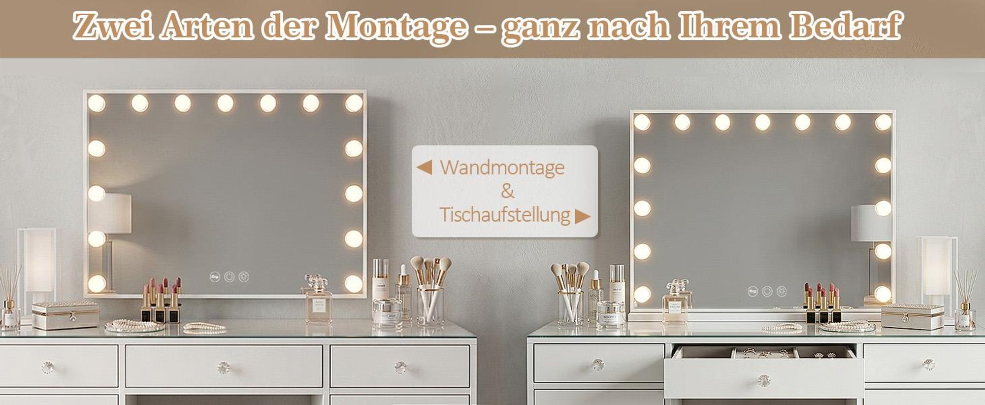 VANITII Hollywood Schminkspiegel 58cm x 46cm mit Beleuchtung 15 Dimmer Leuchten 3 Lichtmodus Kosmetikspiegel für Badzimmer Schminktisch Weiß