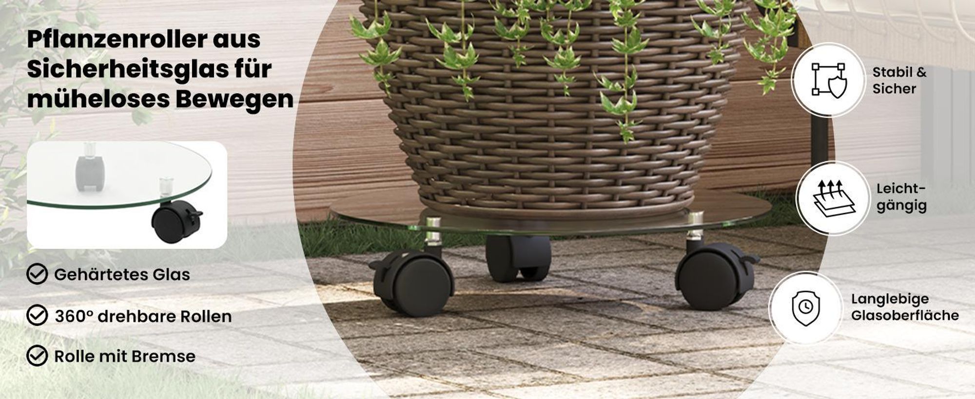 vidaXL Pflanzenständer mit Rollen 2 Stück Hartglas 28 cm Rund
