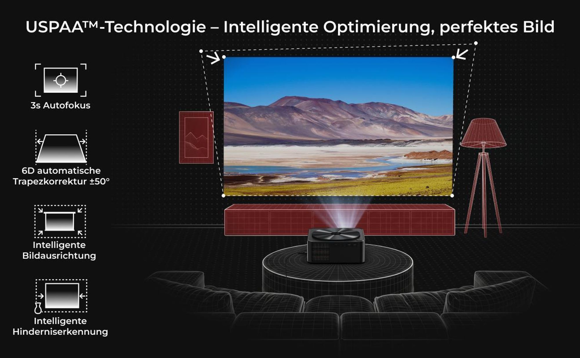 Ultimea Apollo-P40 Beamer 4K unterstützter, Aktualisierte Version mit Hindernisvermeidung 700 ANSI, intelligenter Bildschirmausrichtung,