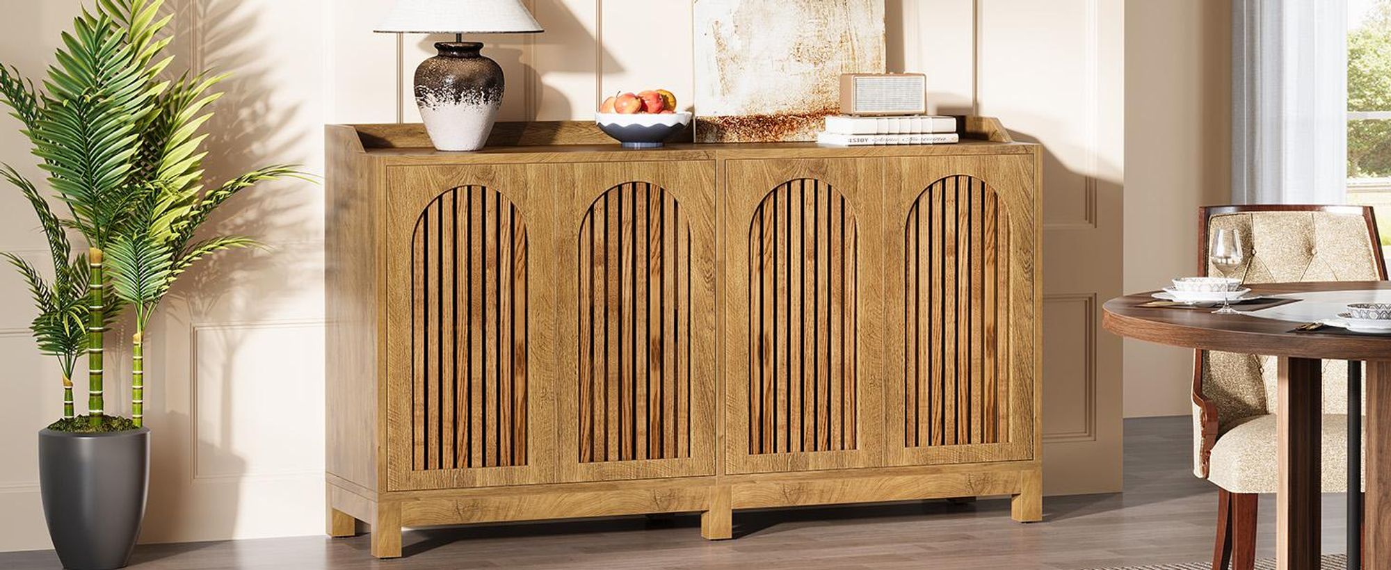145 cm Buffet-Schrank mit Stauraum, langes Sideboard mit Türen und verstellbaren Einlegeböden, Sideboard aus Holz für Esszimmer, Wohnzimmer, Küche