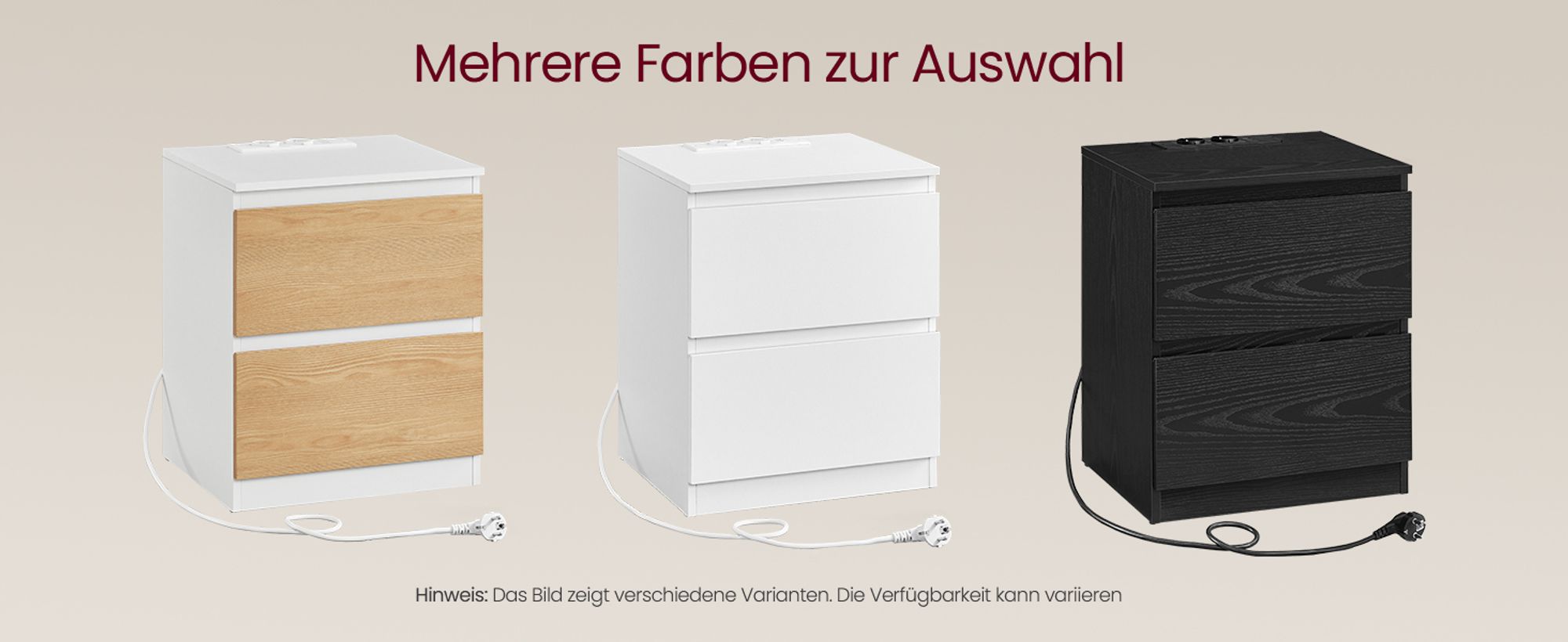 VASAGLE Nachttisch mit Steckdosenleiste, 2er Set, Beistelltisch modern