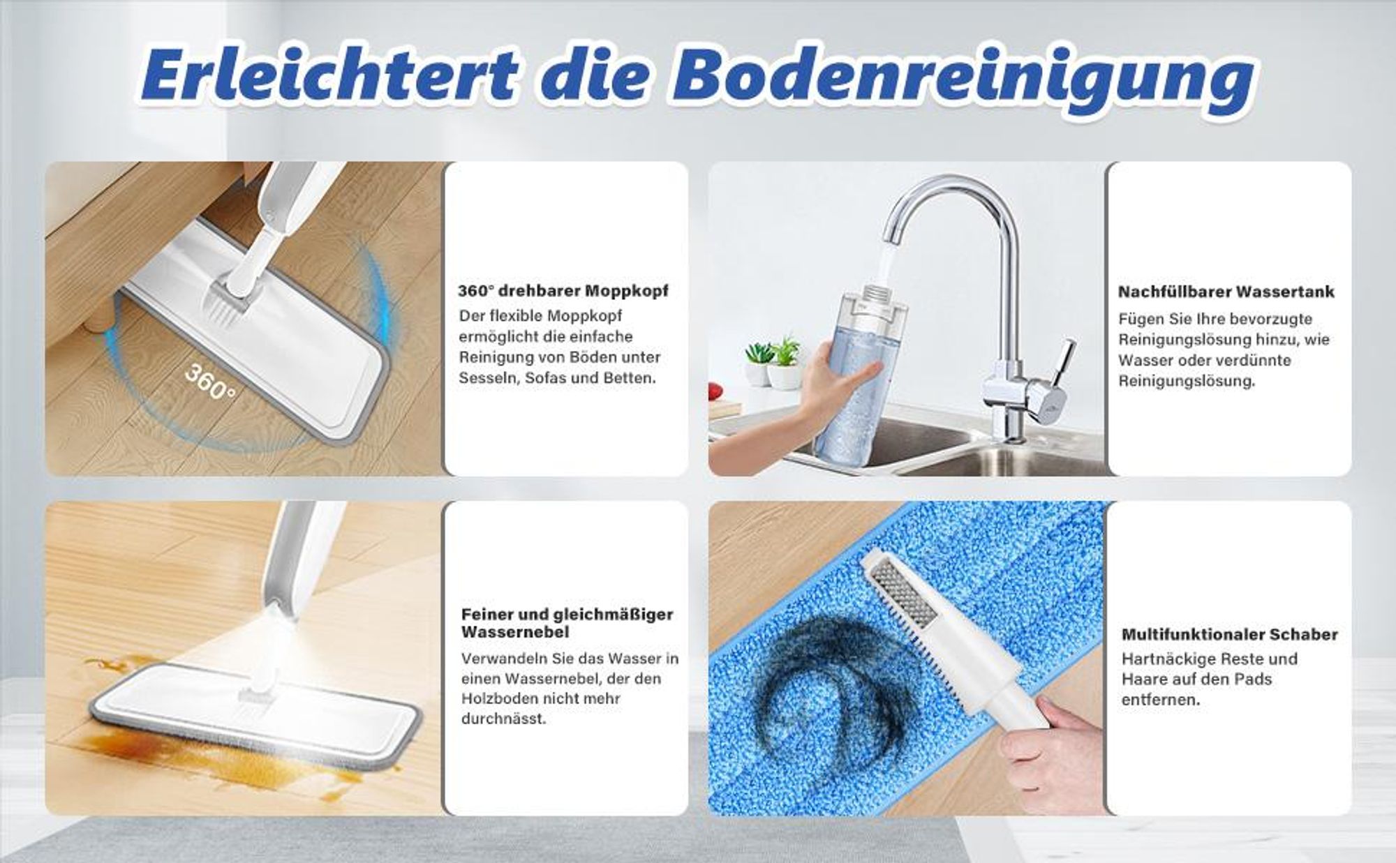 Sprühwischer Bodenwischer mit Sprühfunktion, Spray Mop inkl. 4 Mikrofaserpads, Wischmop für Laminat Fliesen Parkett, 300ml Wassertank, 360° Gelenk