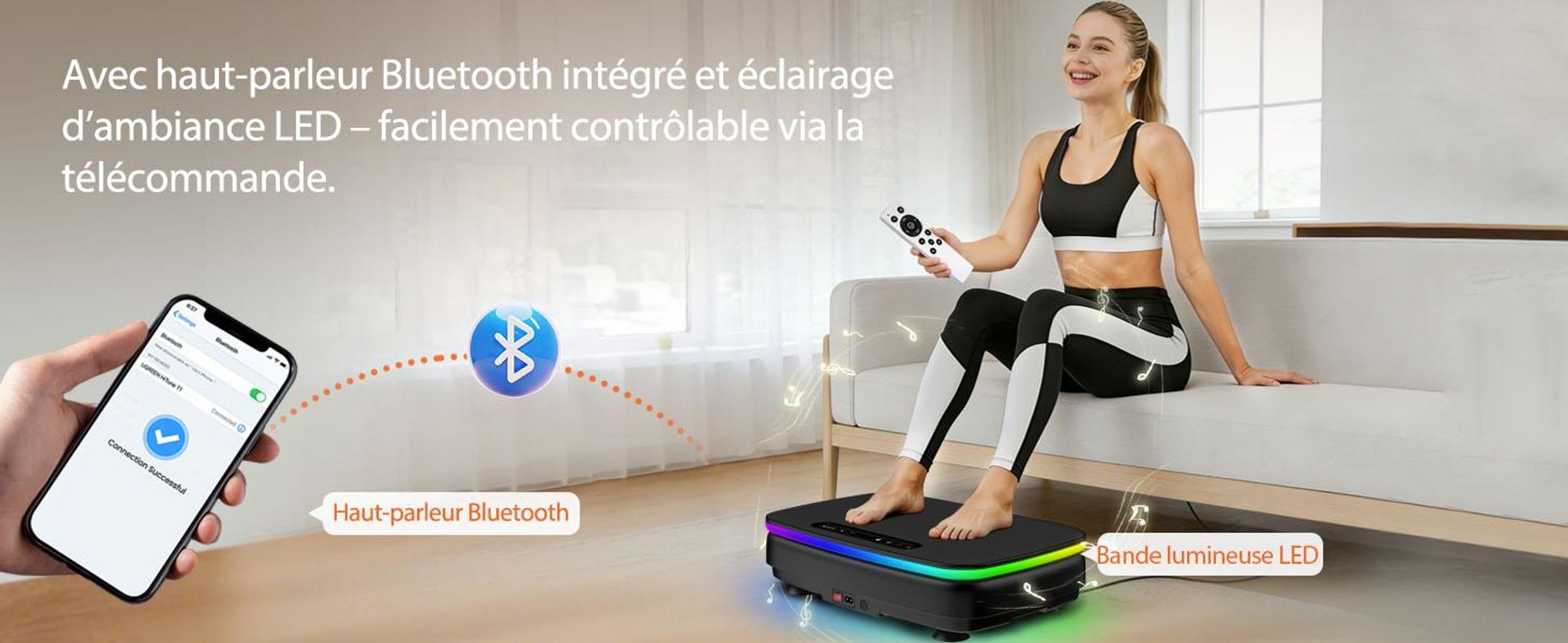 DH FitLife Plateforme vibrante pour maison, 0-99 niveaux, 9 programmes automatiques, Bluetooth, LED et bandes élastiques, jusqu'à 150 kg