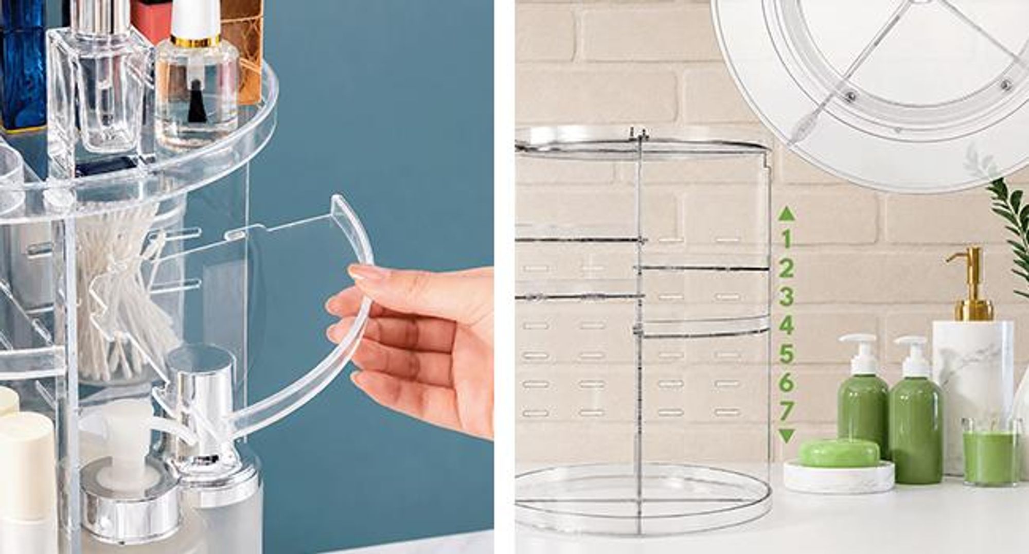 KRUMAD Schminktisch Organizer, Kosmetik Organizer drehbar, Make-up und Parfüm Aufbewahrung, 7 Höhenstufen, verstellbare Böden, Kunststoff