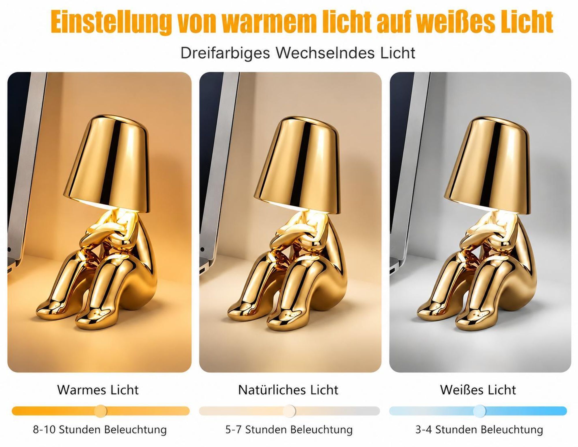 Thinker-Statue LED Nachttischlampe mit Touch-Steuerung,USB-Aufladung,3 Helligkeitsstufen,Kabellose Dimmbare Tischlampe,Dekorative Nachtlicht,(Gold B)