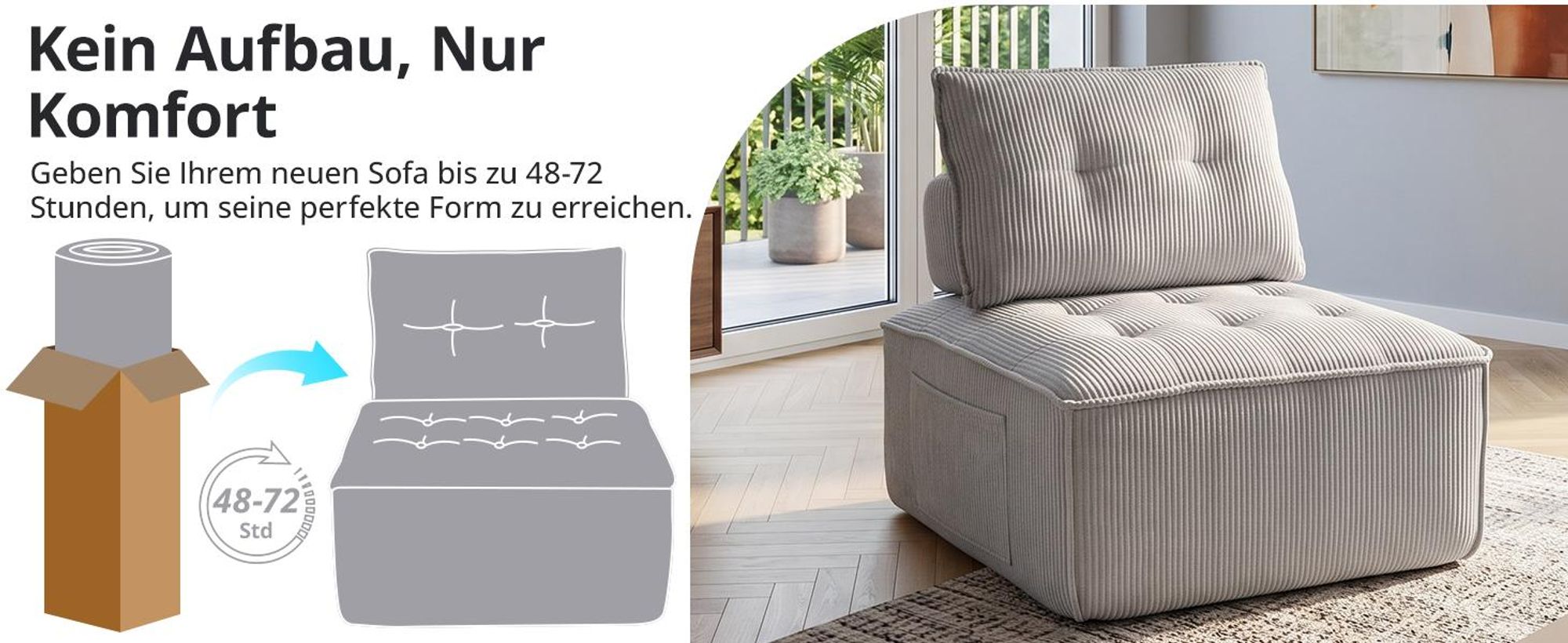 Modularer Loungesessel für Wohnz, Bodensessel aus Cord 84 × 84 cm, 2-in-1 als Sessel oder Hocker, mit Rückenkissen und Seitentasche, ohne Montage