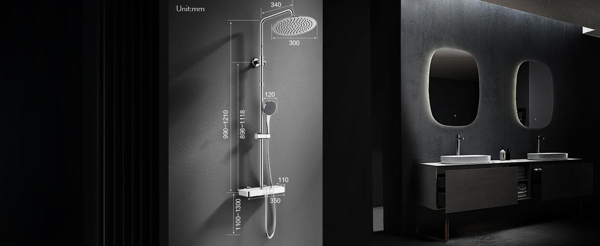 Duschsystem mit Thermostat und Glasablage, Brausegarnitur 3 Wasserausgabemodi, 12 Zoll Regendusche, Chrom