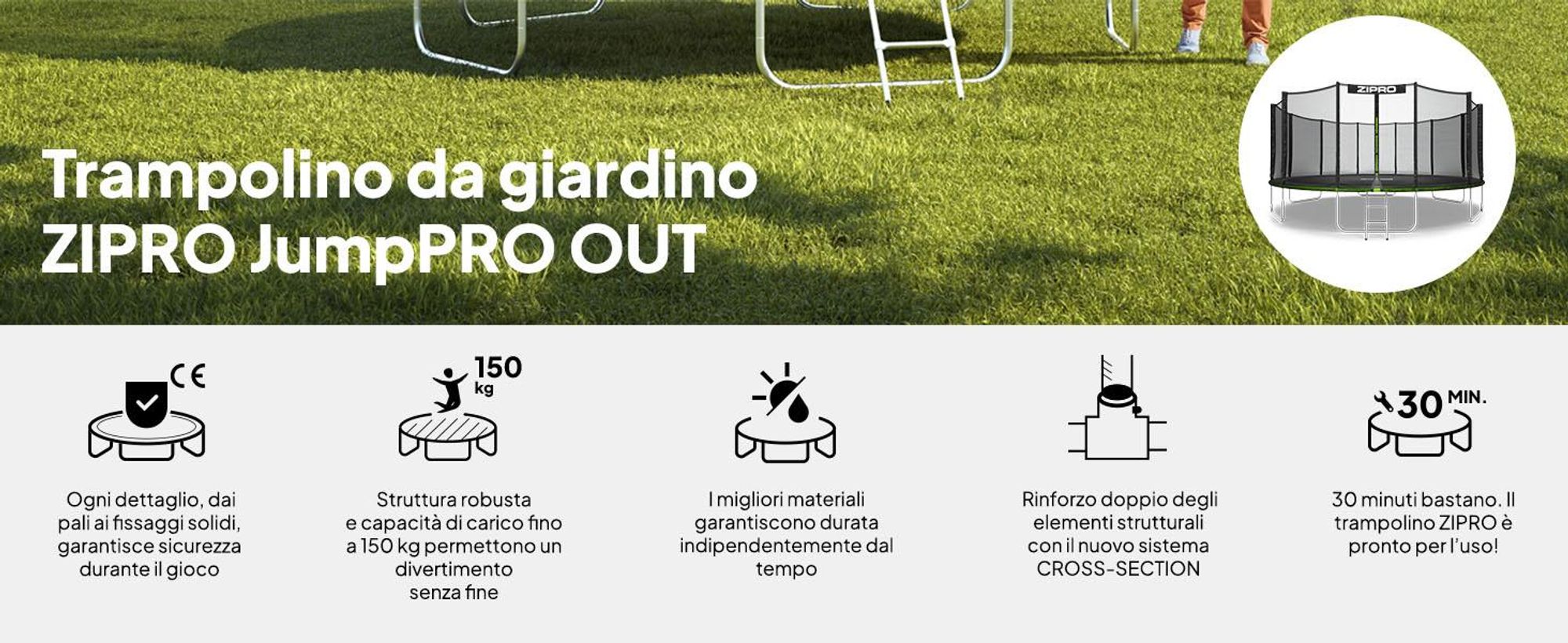 ZIPRO Trampolino Jump Pro Out | 16FT Ø 496 cm | Trampolino da giardino Trampolino per bambini Set completo incl. rete esterna, scaletta e copertura perimetrale, per esterni, verde