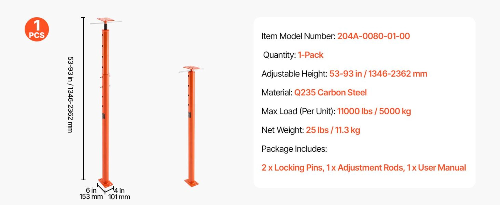 VEVOR Hausbodenheber, 53"-93" Höhenbereich, 18000 lbs maximale Tragfähigkeit, verstellbarer Stützträger Kellerheber Pfosten für Nivellierung, Hebestütze Stahl teleskopierbarer Hebepfosten für temporäre Unterstützung, 53-93 in