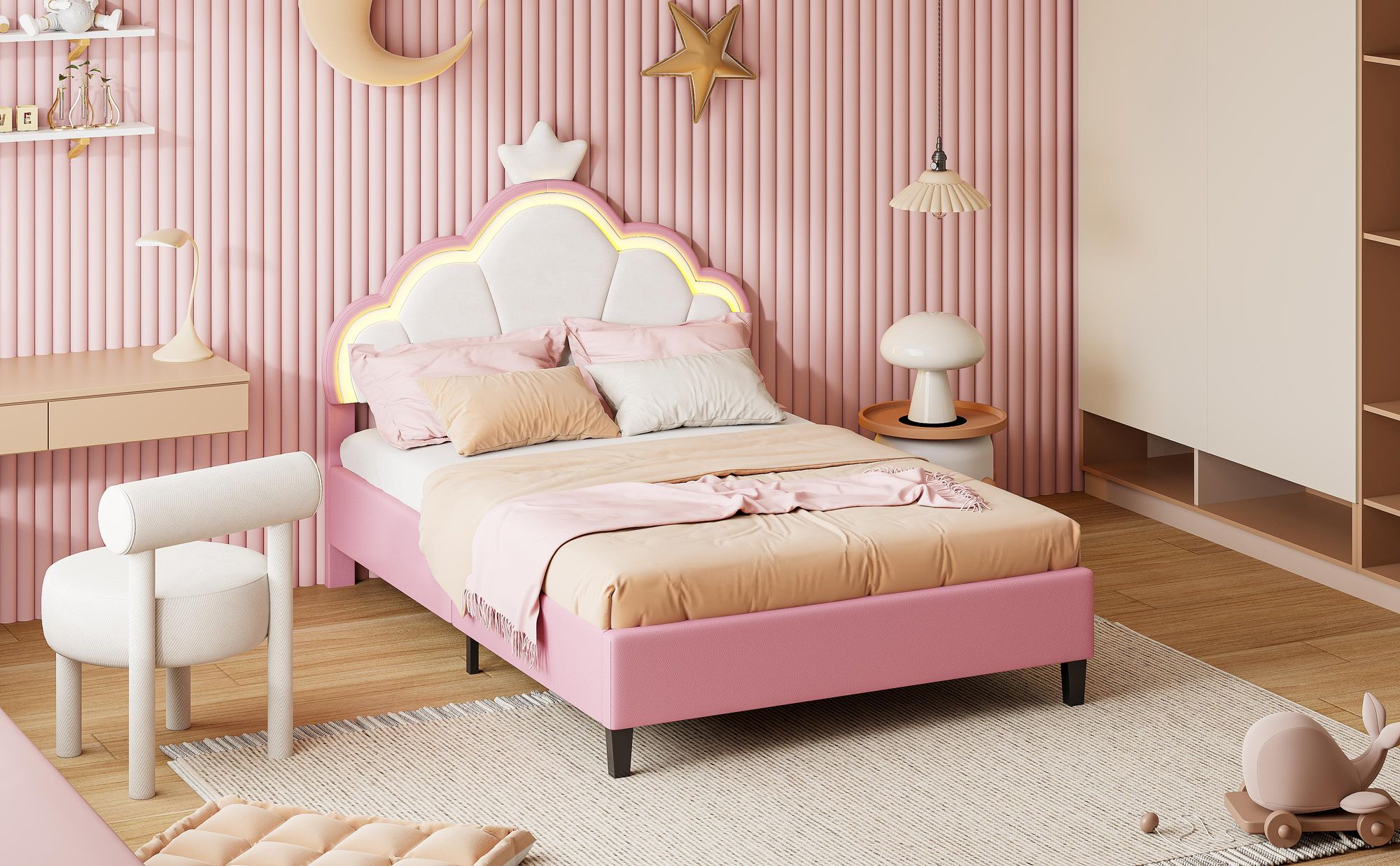 INONEFT Kinderbett 140x200 cm, Prinzessin-Polsterbett mit LED Beleuchtung, Mädchen Jugendbett mit verstellbarem Kopfteil, Kronen-Design, Samt Rosa