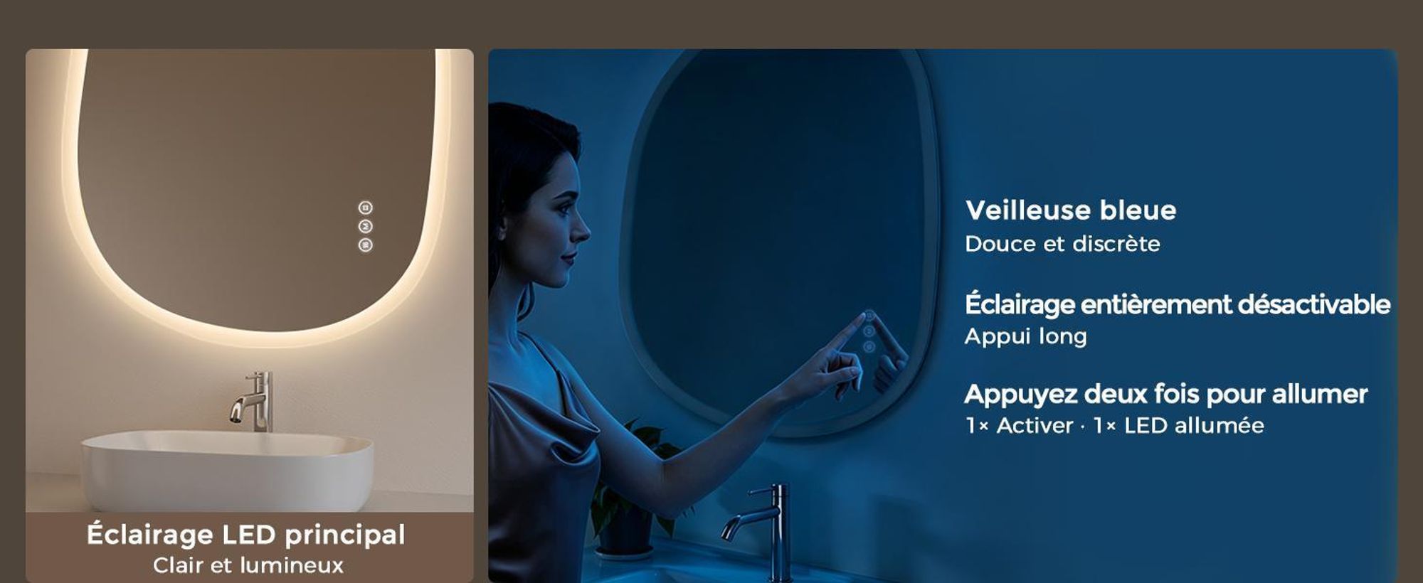 Miroir de salle de bain éclairé S'AFIELINA, 60x80 cm, miroir LED asymétrique, sans cadre, 3 couleurs de lumière, variateur d'intensité, anti-buée, fonction mémoire