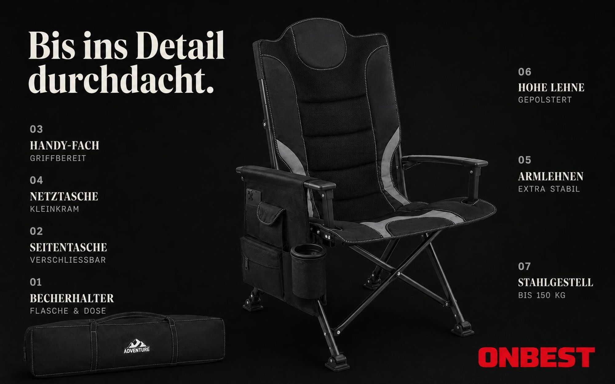 ONBEST Campingstuhl | faltbar | 150 kg | inklusive Tragetasche | Rückentasche | Stahlgestell | Wasserabweisend