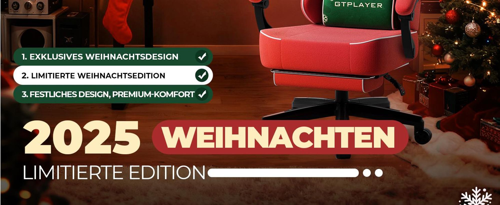 GTPLAYER Gaming Stuhl Weihnachtsmotiv, Gaming Chair mit Fußstütze, extra breite Sitzfläche, mit Federkissen & synchronisierter Armlehne Samt rot