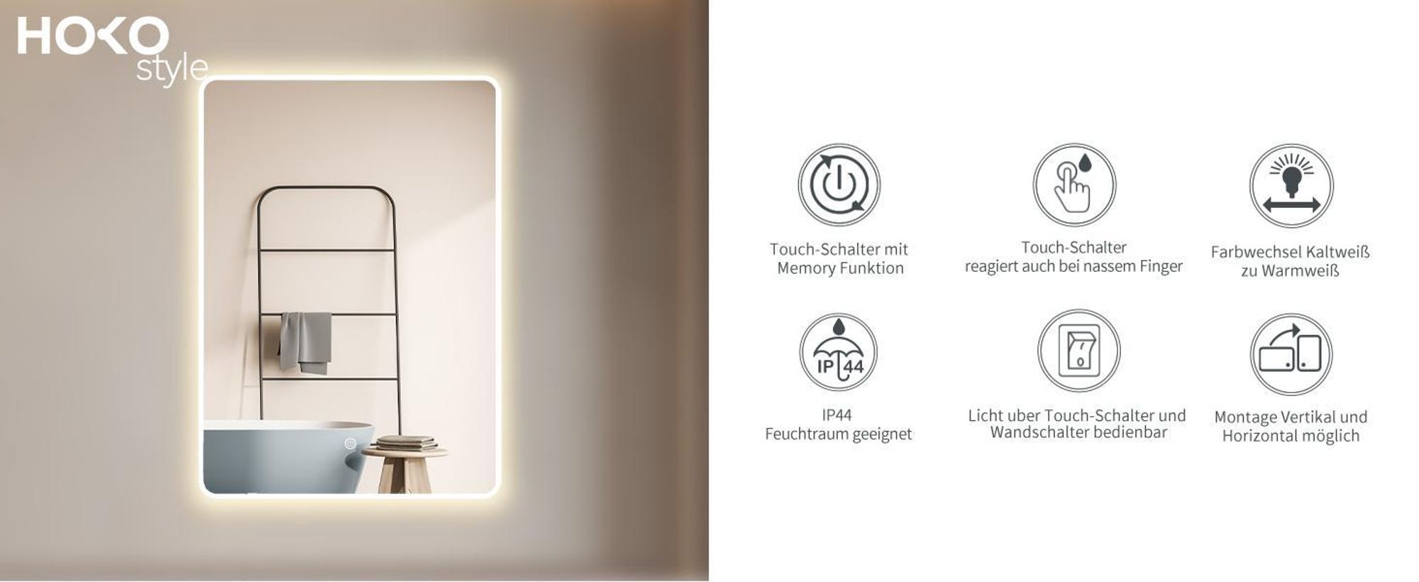 HOKO Badspiegel 70x100cm mit Rahmen+Touch Schalter+Licht Wechsel Warmweiß-Kaltweiß-Neutral Licht mit Touch Schalter und mit Wandschalter einschaltbar