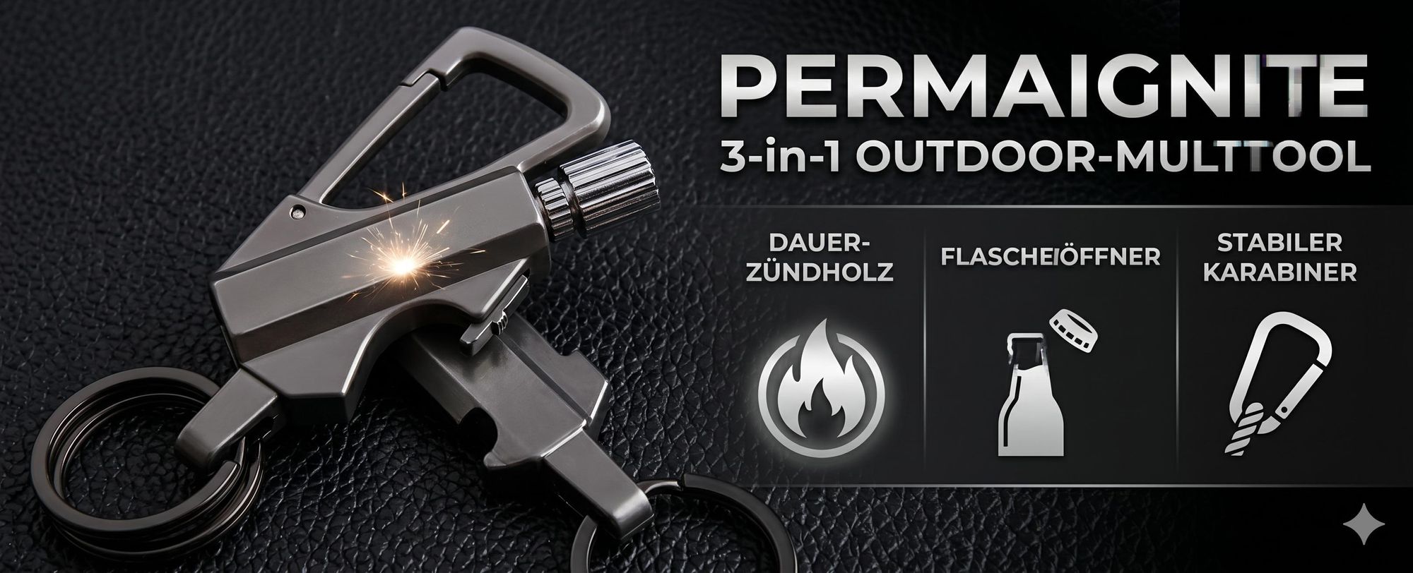 3-in-1 Schlüsselanhänger, Outdoor Multifunktionswerkzeug mit Dauerzündholz, Flaschenöffner, Karabiner - PERMAIGNITE