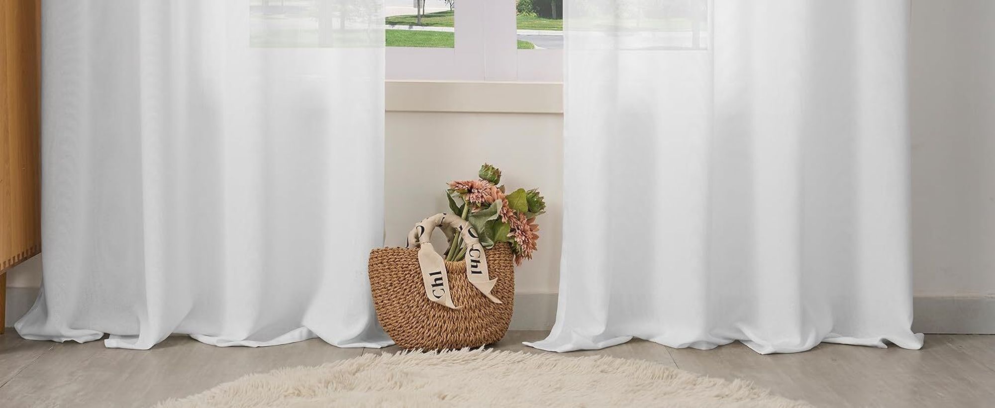 WOLTU Gardinen mit Ösen Leinenoptik Halbtransparent Voile Modern, 135x245cm Weiß