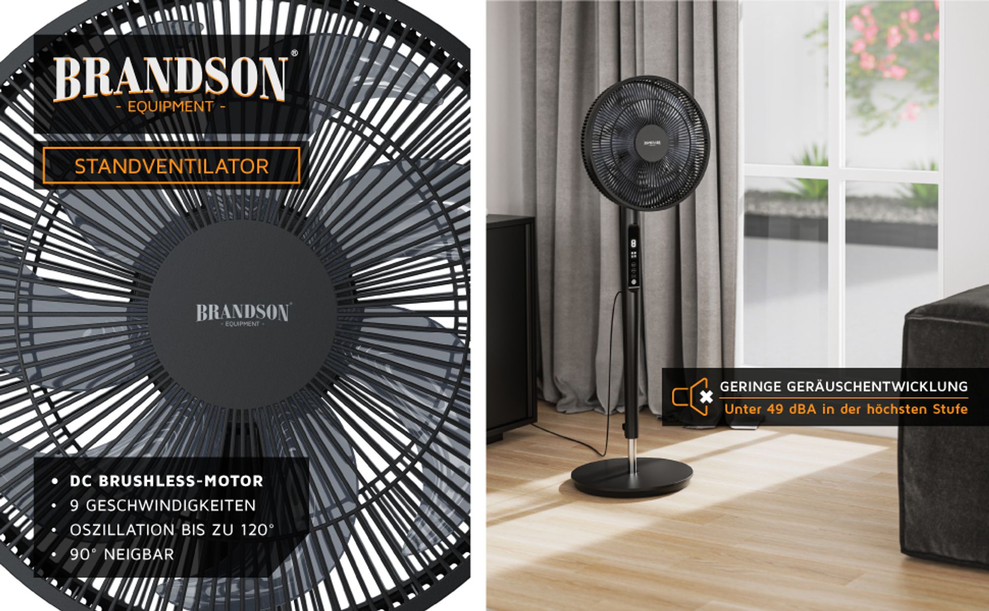 Schlanker schwarzer Standventilator mit Display in hellem Wohnzimmer vor bodentiefem Fenster
