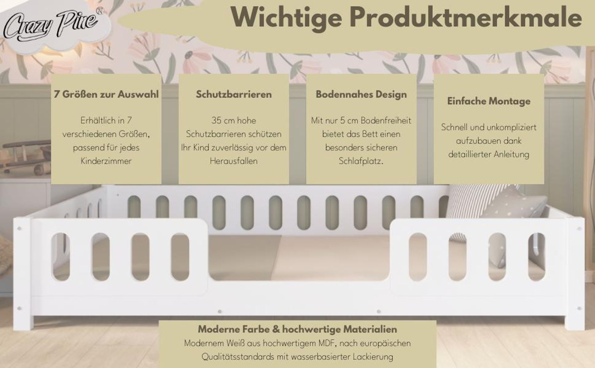 Crazy Pine Kinderbett 80x160 cm – Weißes Montessori Bodenbett aus MDF – Kleinkindbett mit Abgerundeten Kanten, Einstieg rechts – Crazy Ethan
