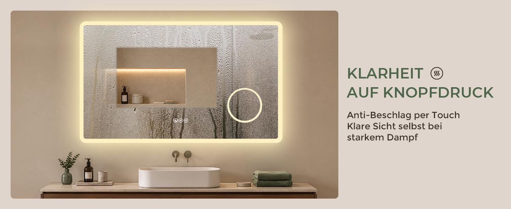 S'AFIELINA Badspiegel mit Beleuchtung und Bluetooth 5.3, 120 × 60 cm, 3× Kosmetikspiegel, Antibeschlag, 3 Lichtfarben, dimmbar, Touch & Memory