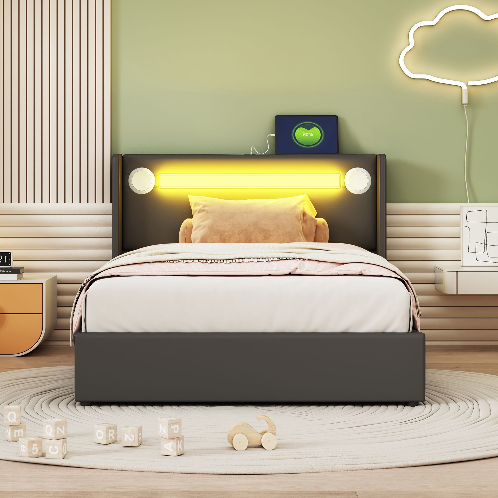 Flieks Polsterbett 90x200cm mit USB und Bluetooth-Player, Boxspringbett Einzelbett mit LED und Lattenrost, Stauraumbett Jugendbett, PU, Schwarz