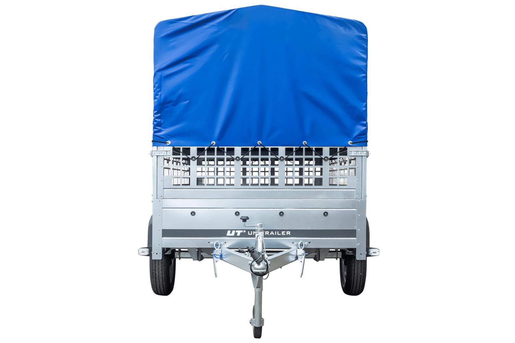 Planenanhänger 230x125 Garden Trailer 230 KIPP mit Laubgitteraufsatz, blauer Hochplane, Hochspriegel und Stützrad