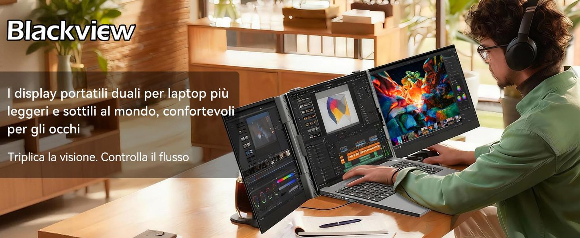Blackview DCM6, monitor portatile da 14", monitor per laptop a doppio schermo, ultrasottile, FHD, compatibile con laptop da 13,3" a 17,3", ruotabile a 180°, compatibile con Windows/Mac/Android