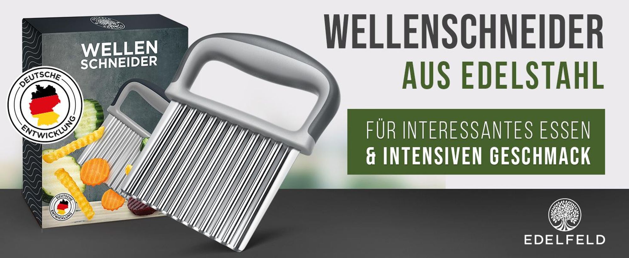 Edelfeld Wellenschneider für Pommes, Obst & Gemüse – [Besonders tiefe Wellen] Spülmaschinenfestes Wellenmesser – Riffelmesser für Erwachsene & Kinder