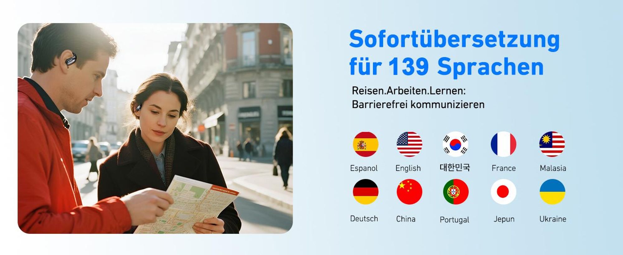 AI Übersetzer Kopfhörer, Ohrhörer mit KI-Echtzeit-Übersetzung, Bluetooth Kopfhörer, Übersetzungskopfhörer, 150 Sprachen, HiFi-Sound