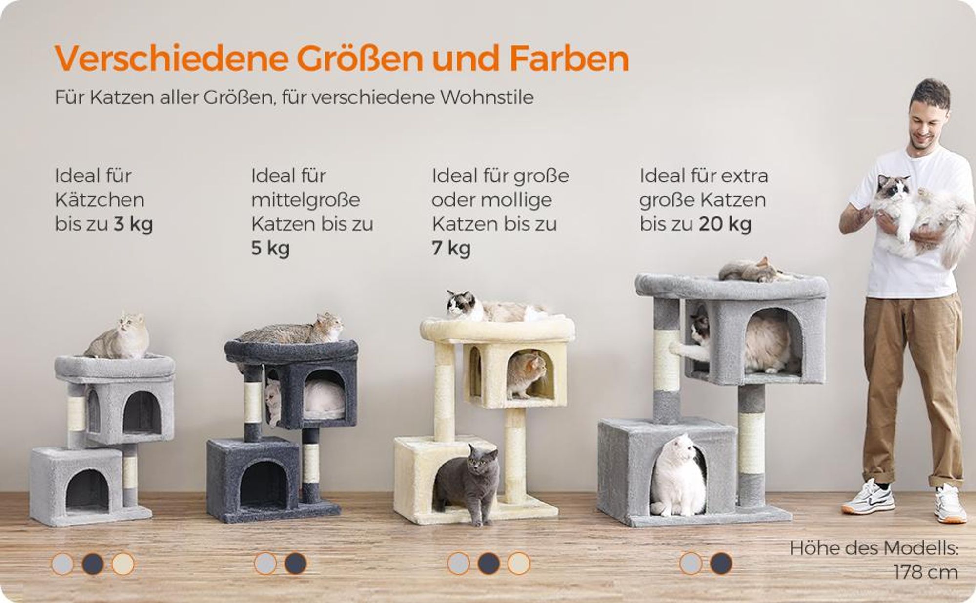 Feandrea Kratzbaum, 74 cm Katzenbaum, M, Katzenhaus für mittelgroße Katzen bis zu 5 kg, große Plattform, 2 Katzenhöhlen, Sisalstämme, rauchgrau PCT612G01
