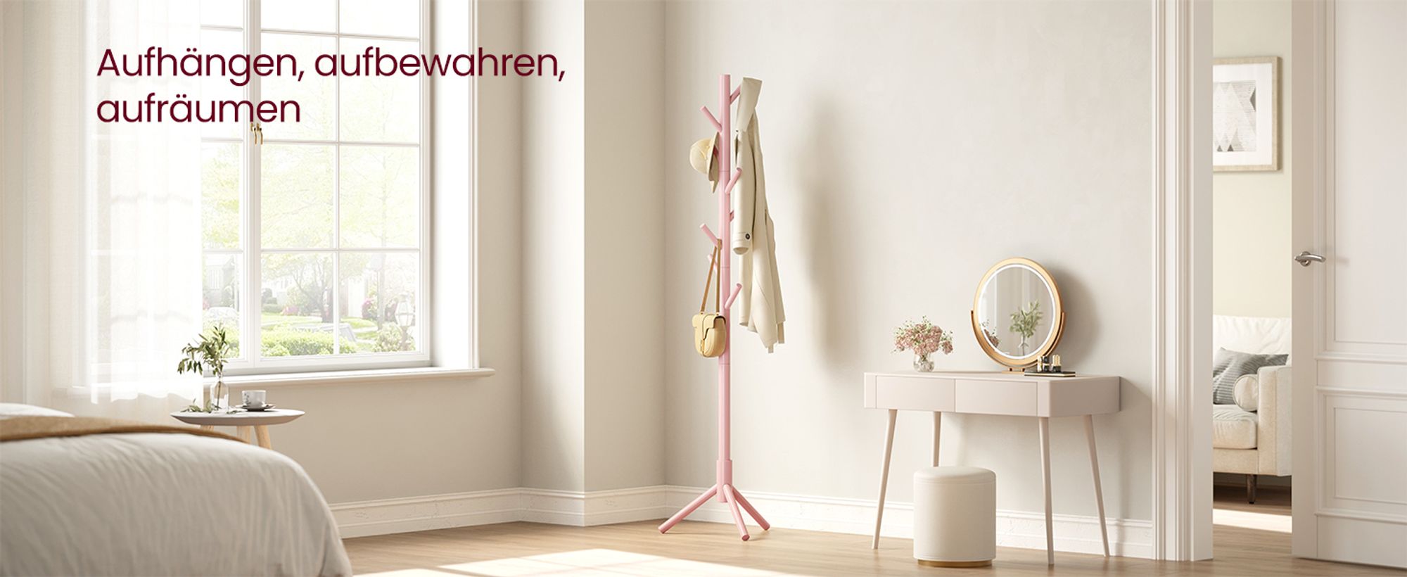 VASAGLE Garderobenständer, freistehender Kleiderständer, Garderobe aus Massivholz, in Baumform, mit 8 Haken, Eingangsbereich, Rosa