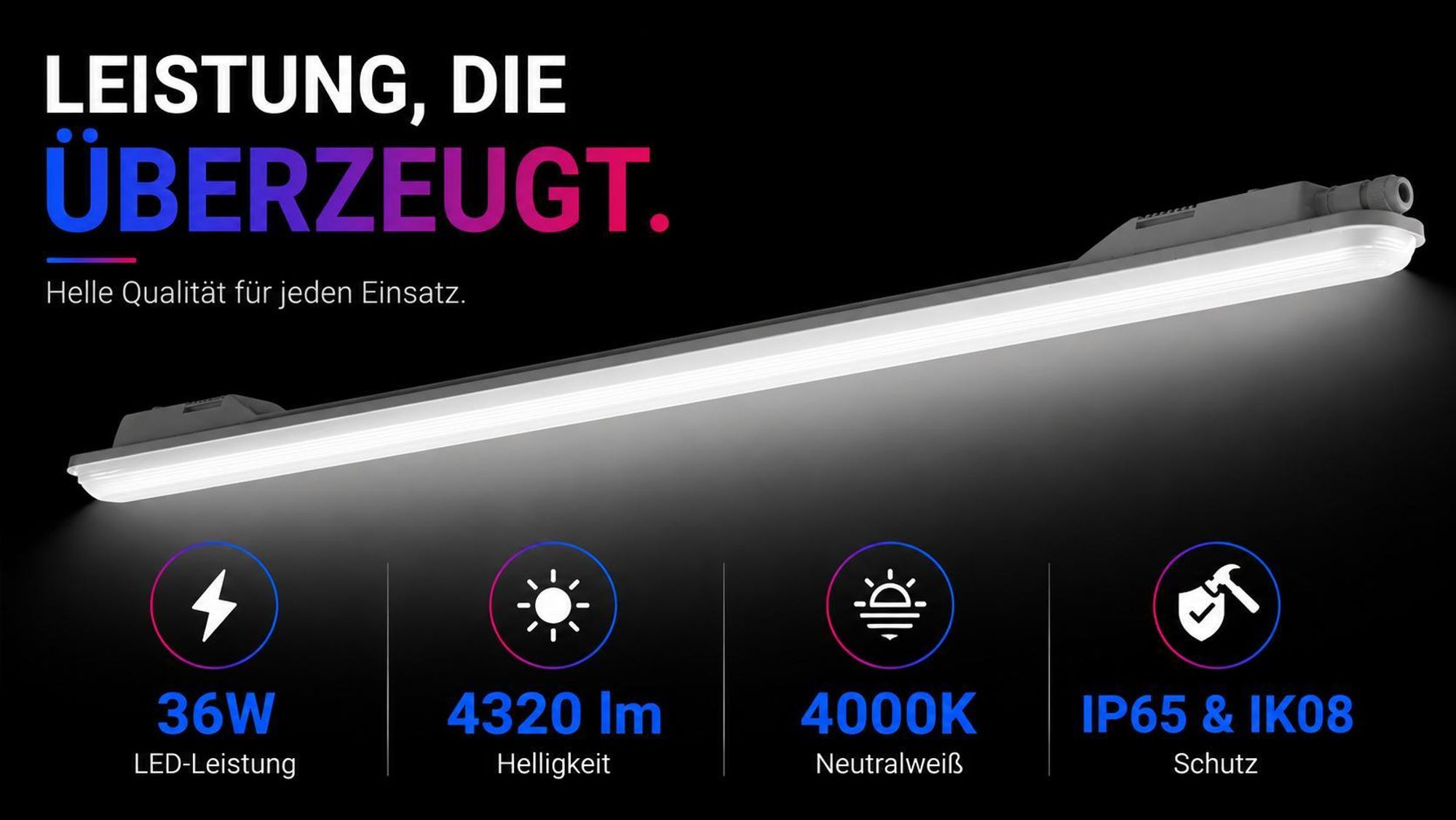 XUDO LED Feuchtraumleuchte 120 cm 36W 4320 lm 4000K IP65 IK08 grau