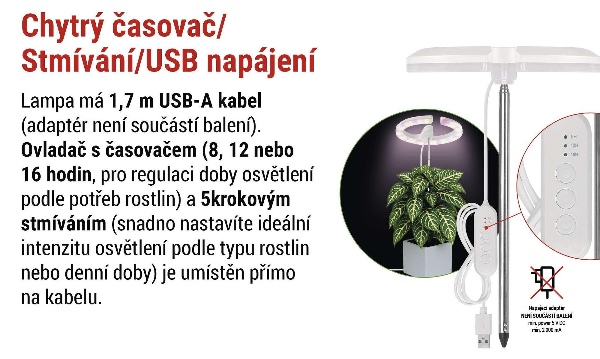 EMOS LED pěstební lampa pro pokojové rostliny a sukulenty, kulatá lampa pro orchideje s časovačem, výškově nastavitelná, 300lm, 1,7m USB kabel, Z7902