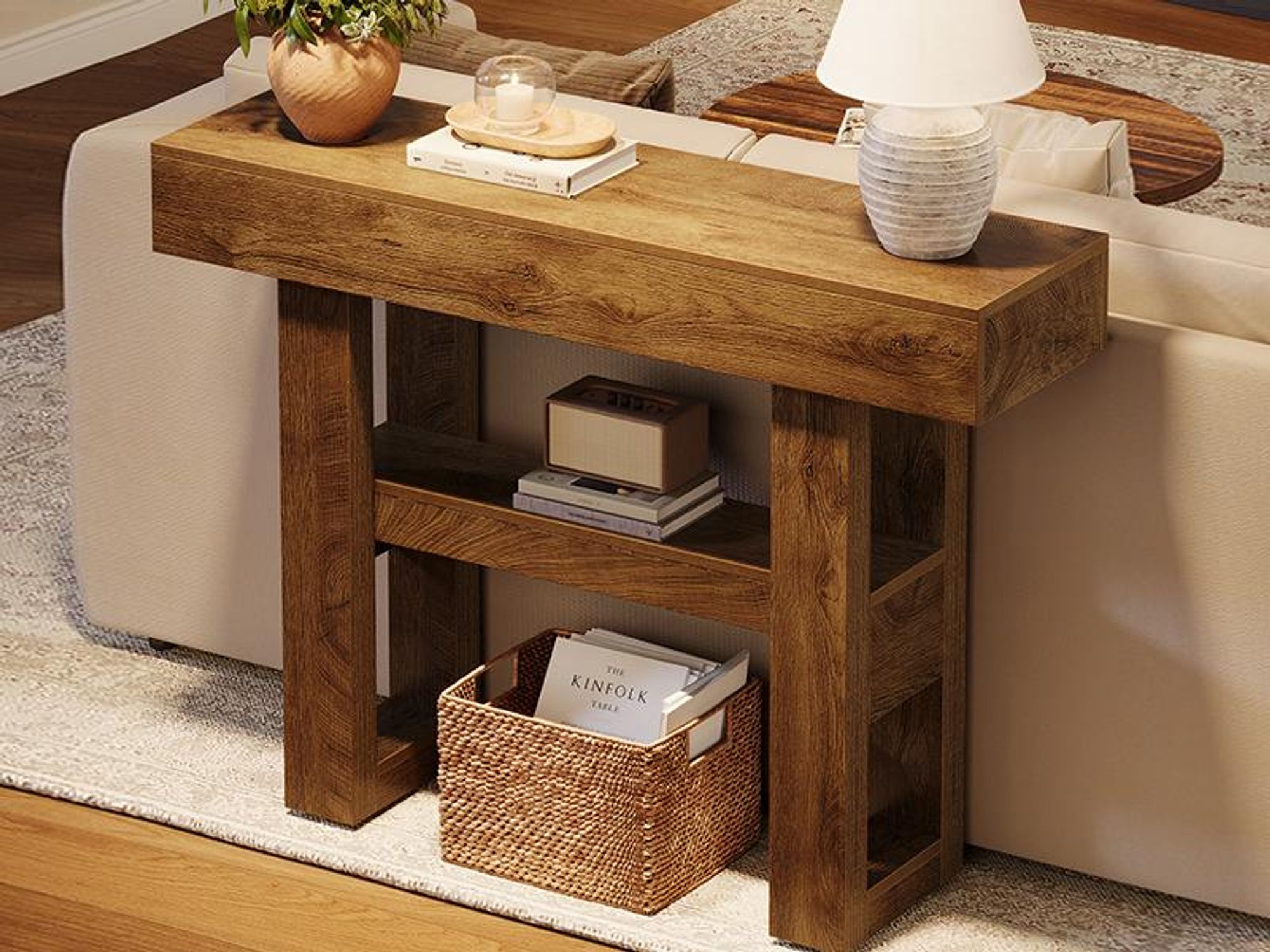 Tribesigns Konsolentisch im Landhausstil, 105 cm breit, schmal, zweistufig, mit Ablageflächen für Flur, Eingangsbereich und Wohnzimmer, hellbraun