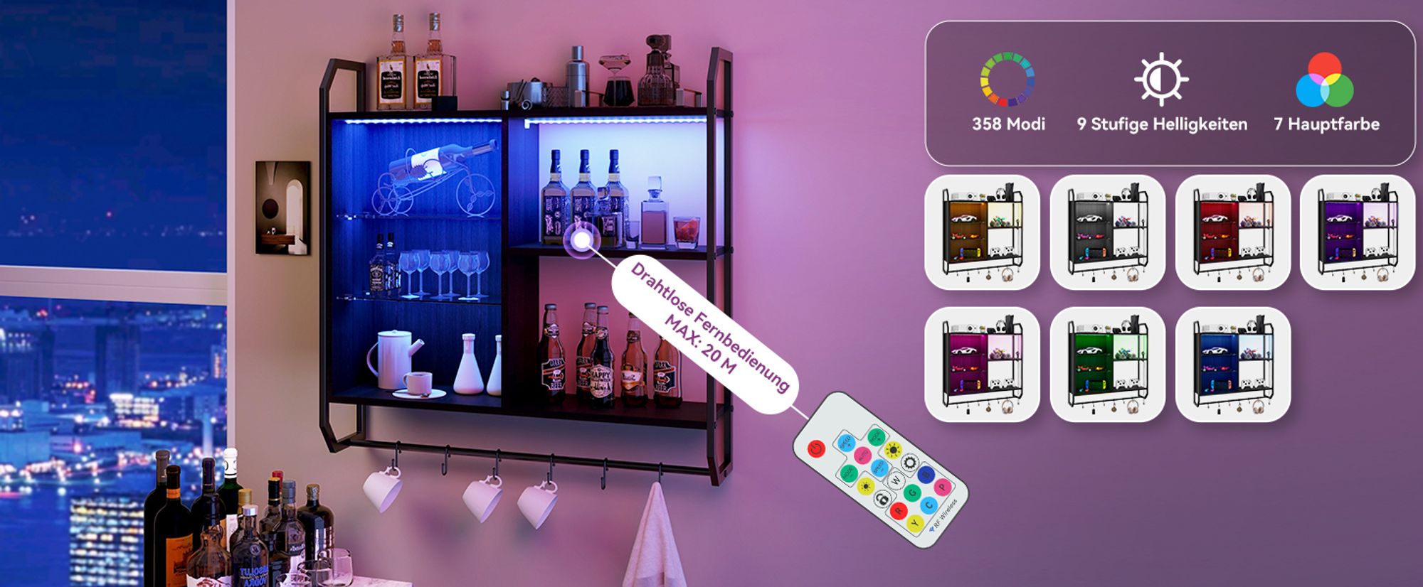 Puluomis Verstellbare Wandregal mit 6 Ablagen, 83x20x80cm, Holz Metall Hängeregal, RGB-LED-Lichter, Glas-Schweberegal, mit Hängestange schwarz