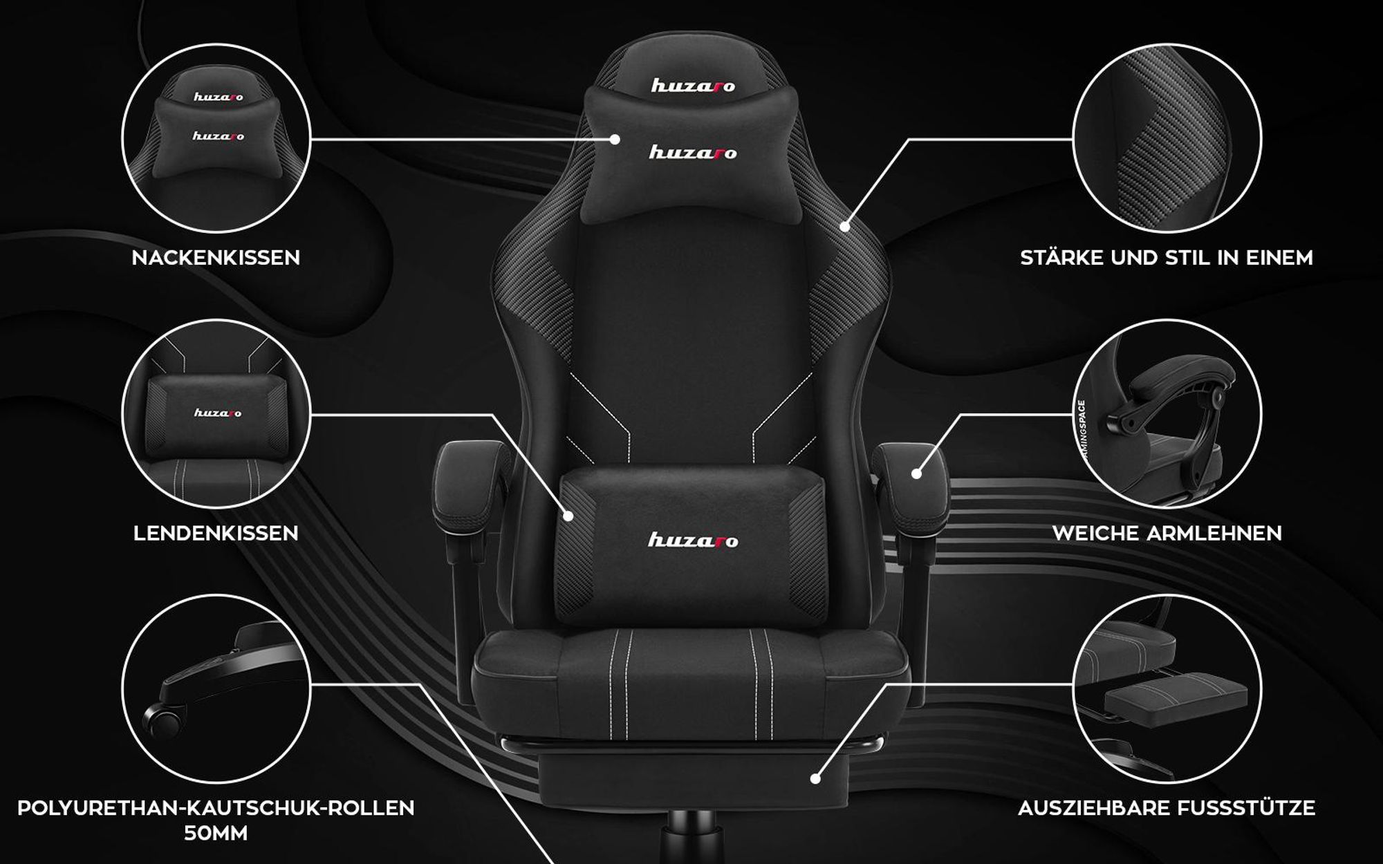 Huzaro Force 3.7 Carbon Black Gaming-Stuhl mit ergonomischem Design, verstellbarem Armlehnen und hochbelastbarem Stoff
