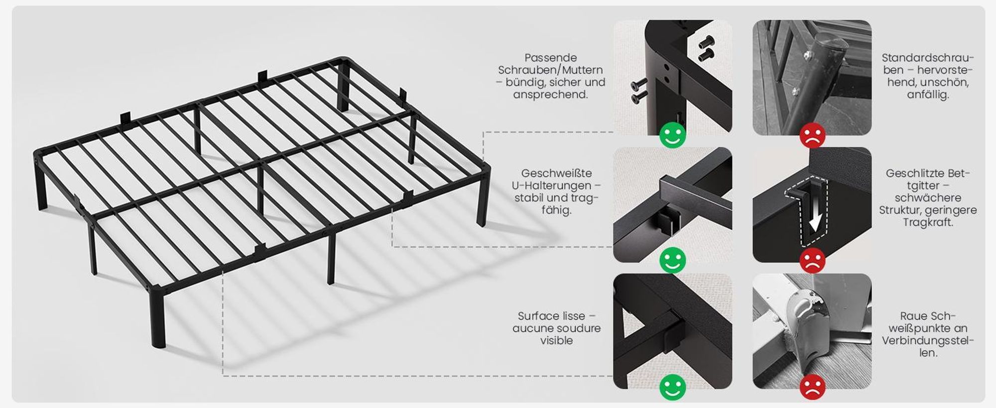 140 x 200 cm Bett , Bettgestell mit Stauraum, KUTAS Betten mit 14 Reihen Metalllamellen & fächerförmigen Füßen, Industriestil, bis 480 kg, Schwarz