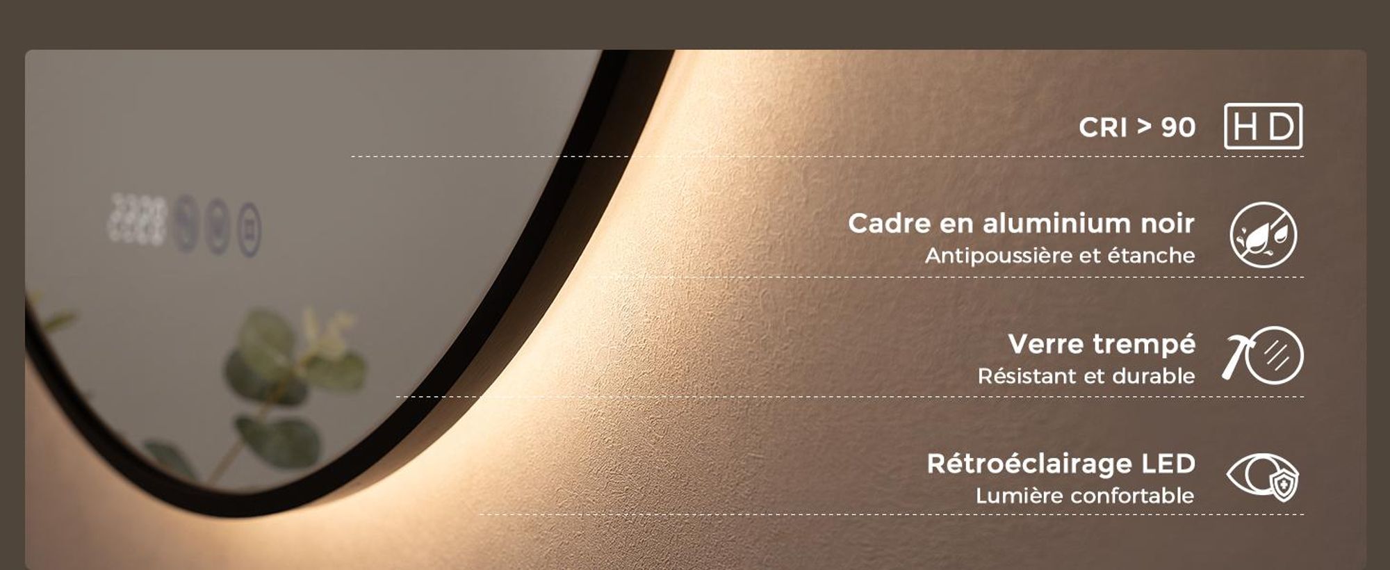 S'AFIELINA Miroir Salle de Bain LED Rond 70 cm, Interrupteur tactile, Anti-Buée, Horloge & Température, Cadre Noir