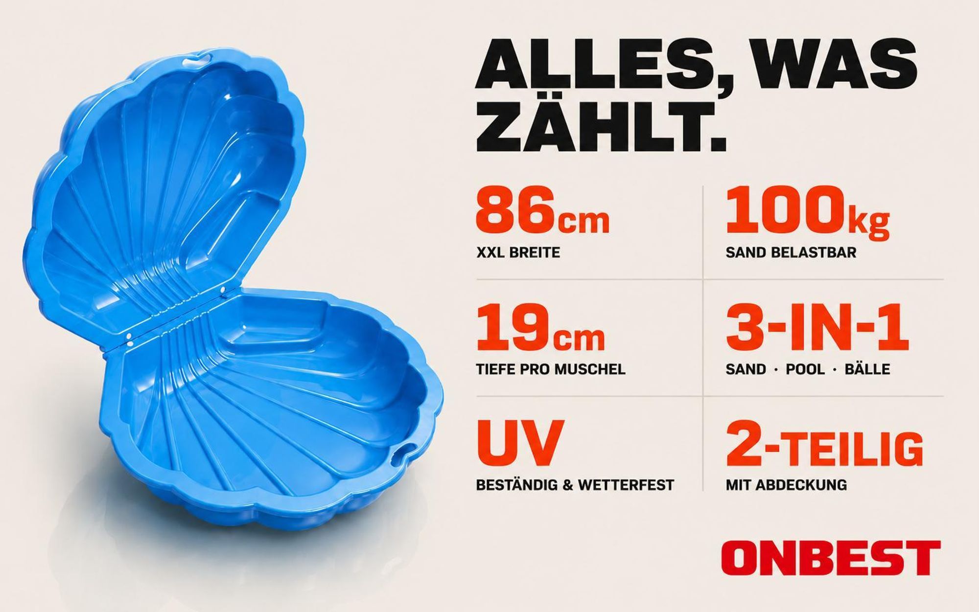 ONBEST Sandkasten 2in1 Sandmuschel mit Deckel | 100 kg | Kunststoff | Blau | ‎88 x 78 x 38 cm