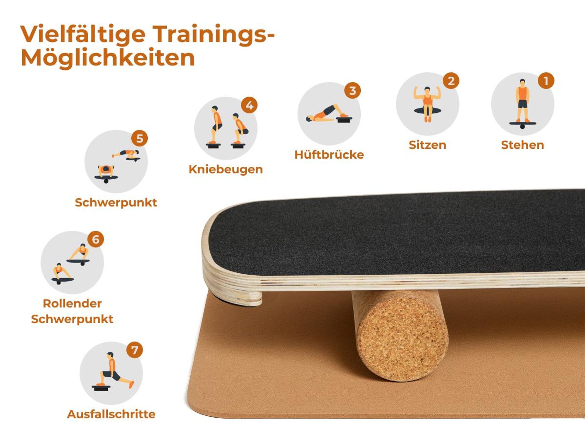 Planche d'équilibre HOKO ROLLO en bois avec rouleau en liège, idéale pour l'entraînement de l'équilibre, la coordination et les sports de planche, supportant jusqu'à 160 kg
